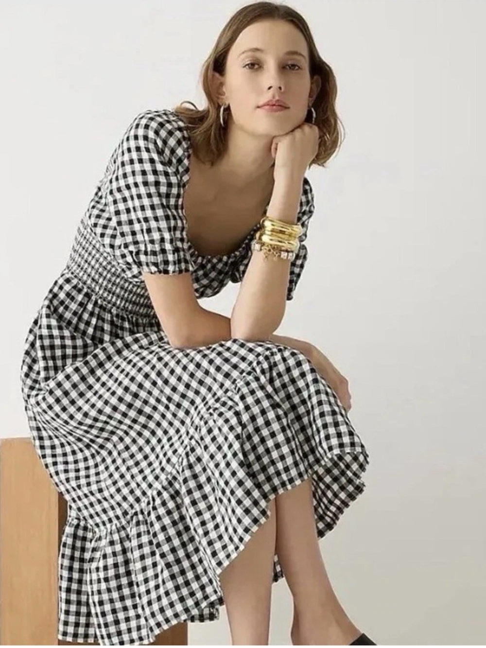 NWT J. Crew Linen Midi Dress Smocked waist Puff sleeve Black White gingham Sz L